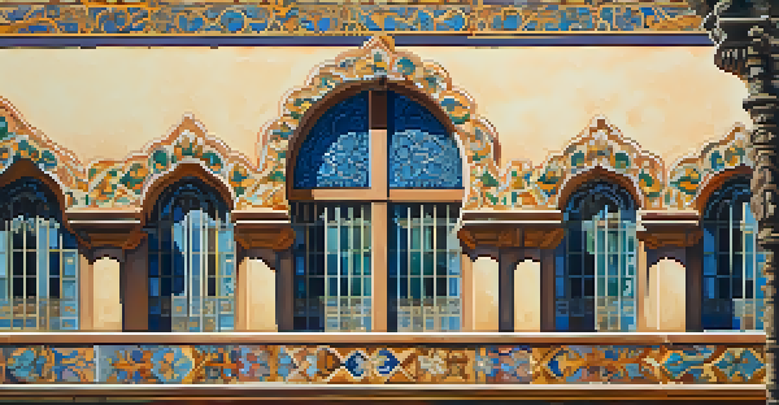 A detailed view of colorful tile work and ornate decorations on a Spanish Revival building in Balboa Park.