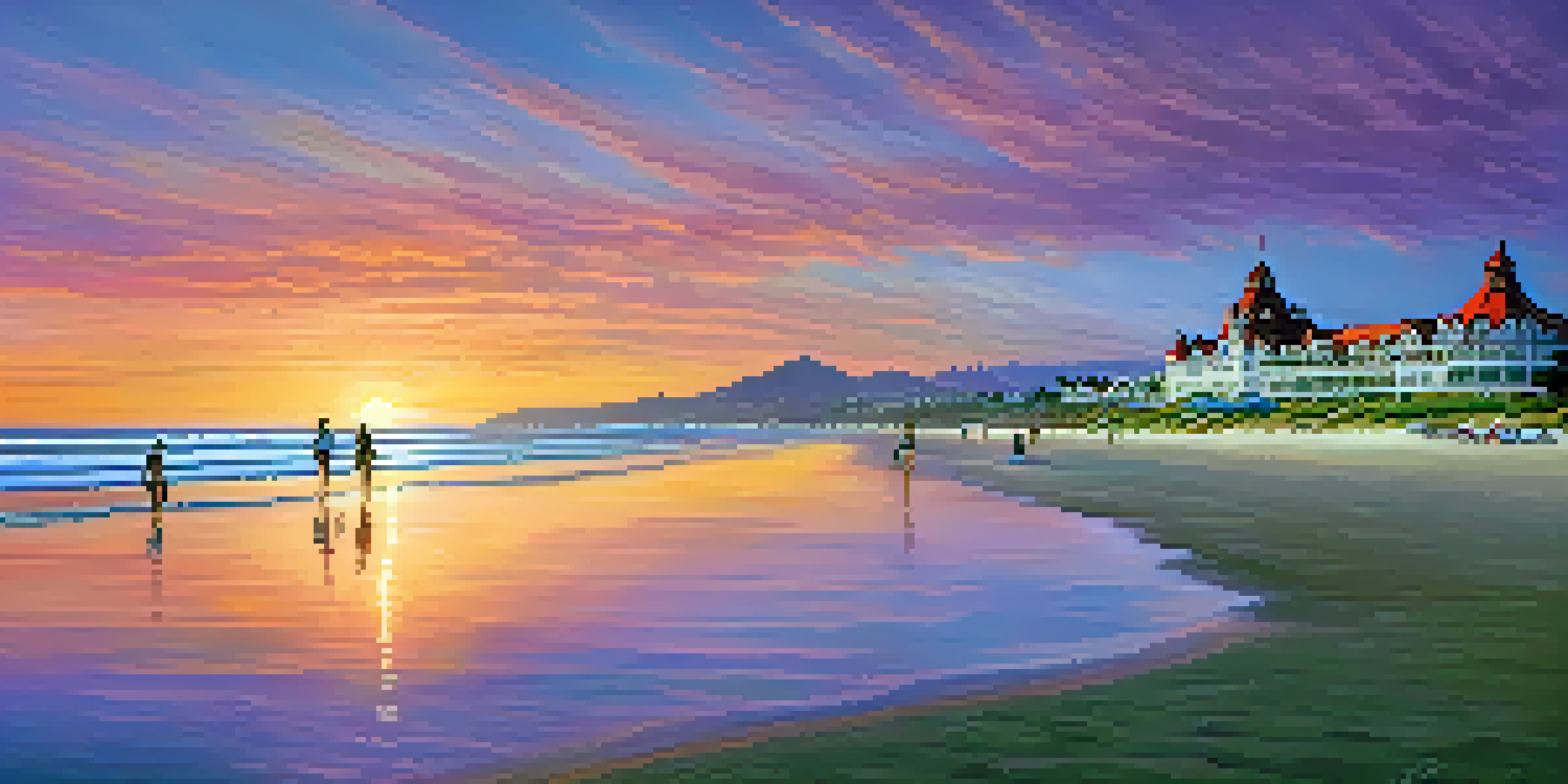 A sunset view of Coronado Beach with colorful skies and the Hotel del Coronado in the background.