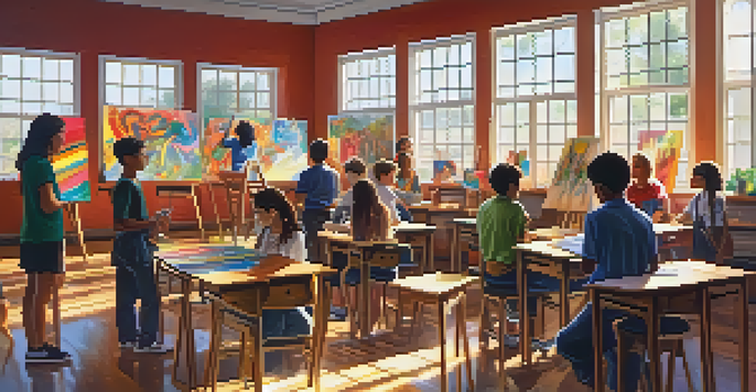 A lively classroom with students participating in arts activities, including painting, music, and theater, surrounded by colorful artwork and natural light.