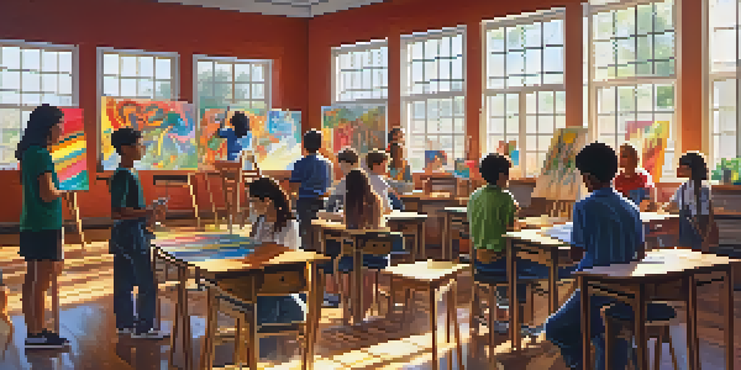 A lively classroom with students participating in arts activities, including painting, music, and theater, surrounded by colorful artwork and natural light.