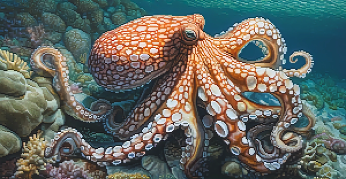 A close-up of a camouflaged octopus on the ocean floor, blending with its surroundings.