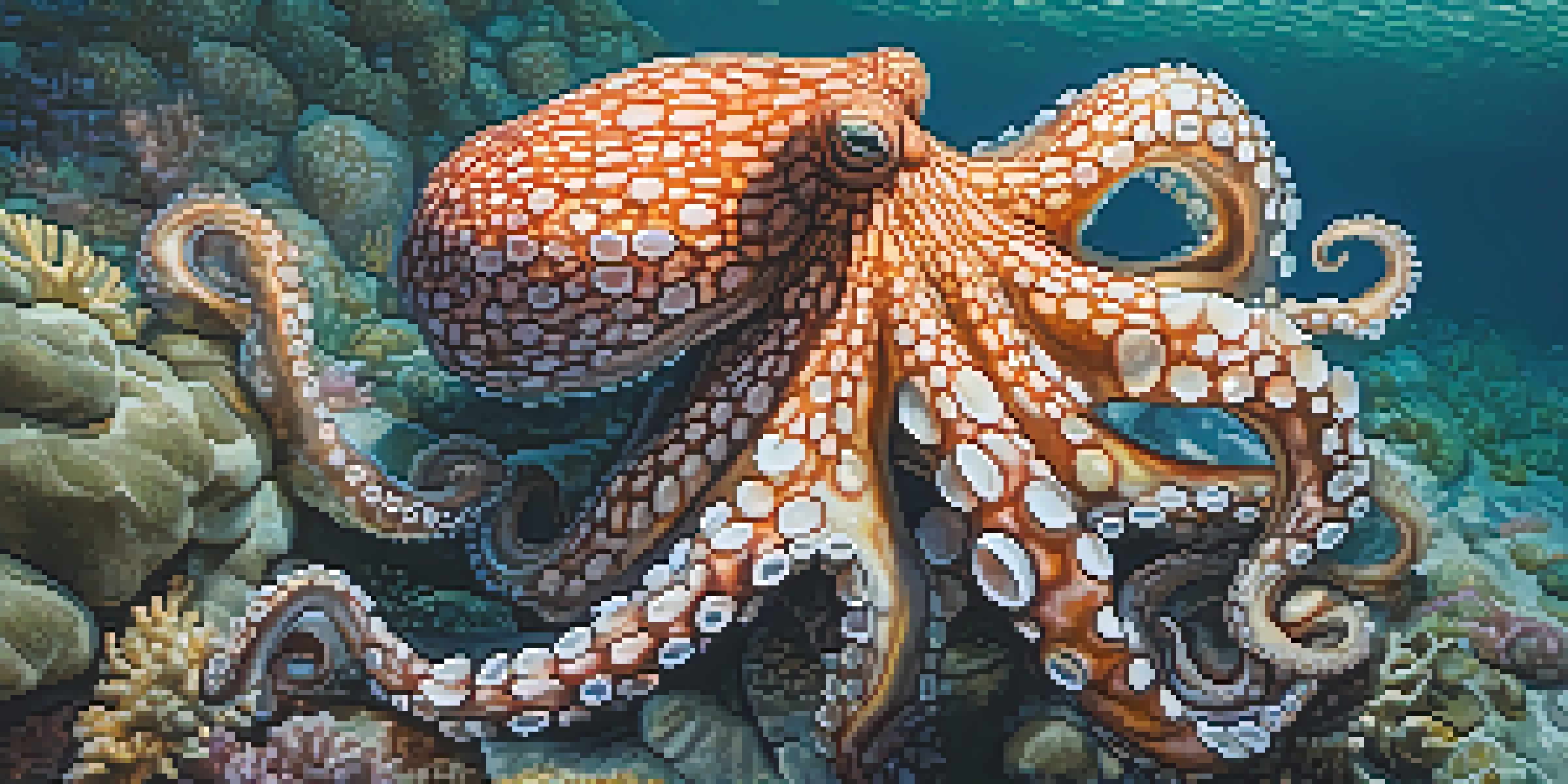 A close-up of a camouflaged octopus on the ocean floor, blending with its surroundings.