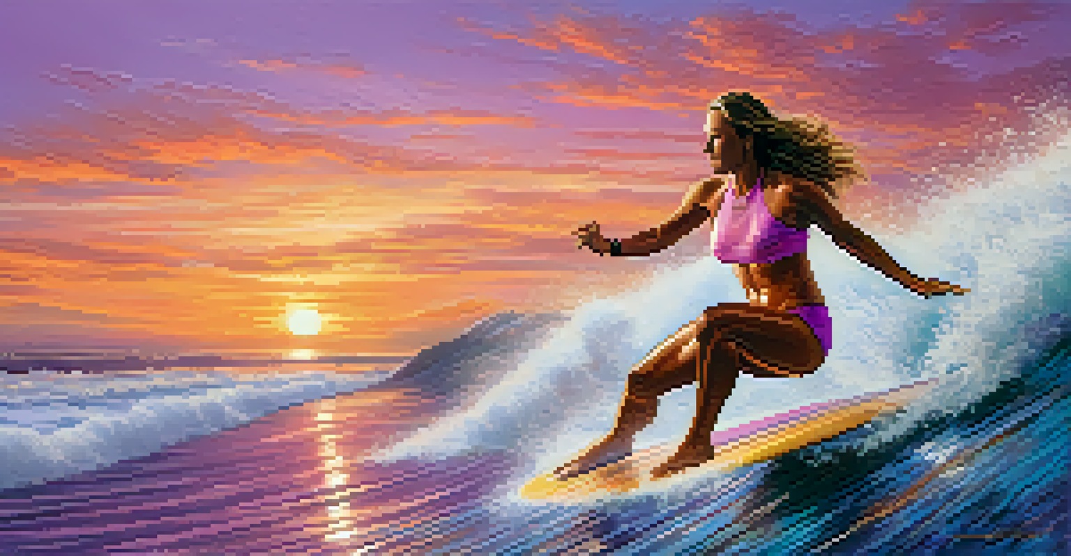 A female surfer performing a maneuver on a wave at sunset, with vibrant colors in the sky.