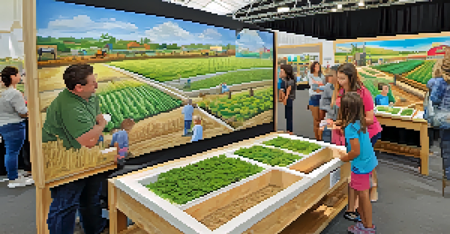 Children engaging with interactive educational displays about sustainable farming at the fair, with parents watching.