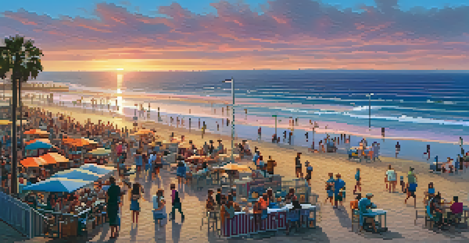 A bustling sunset scene at Pacific Beach, with people enjoying the vibrant colors in the sky and waves crashing on the sand.