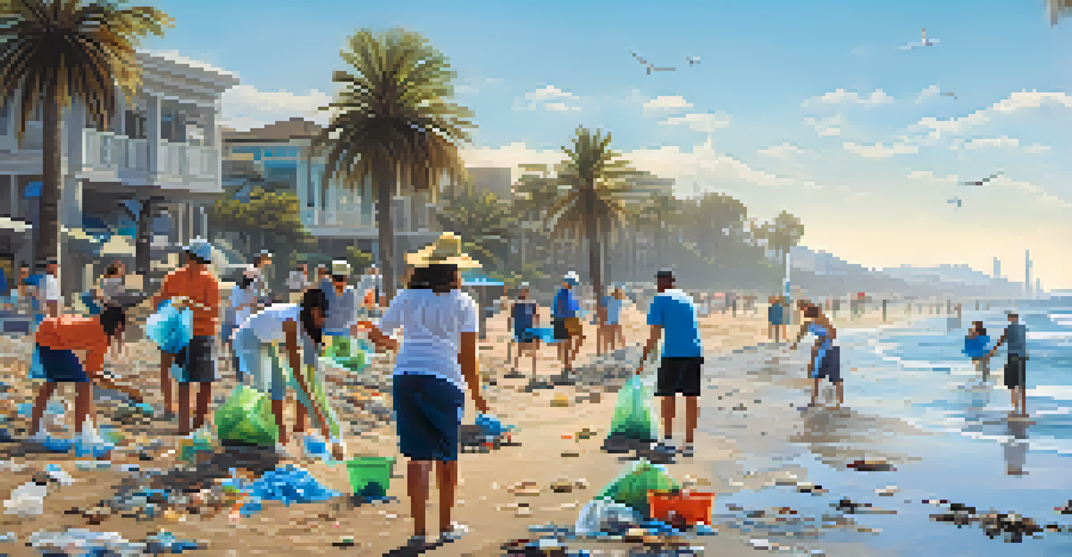 A beach cleanup event in San Diego with volunteers collecting plastic waste, ocean and coral reefs in the background.