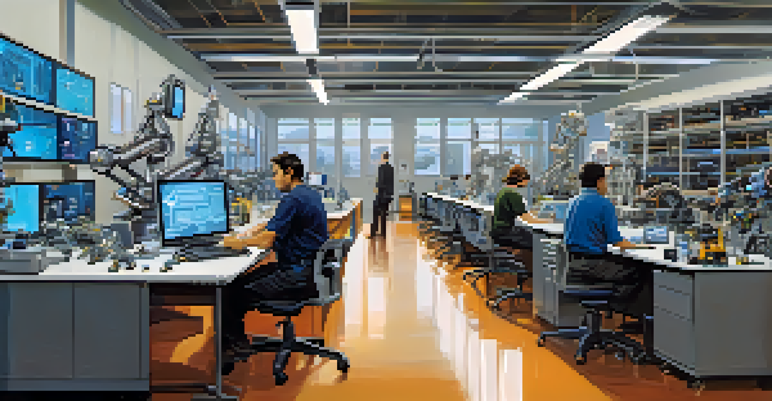 Engineers working in a robotics lab in San Diego, surrounded by robotic parts and screens, illuminated by bright lights.