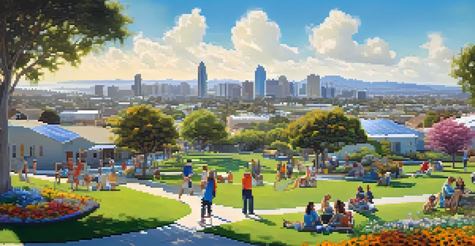 A panoramic view of San Diego with solar panels on rooftops, a community park in the foreground, and families enjoying a sunny day.