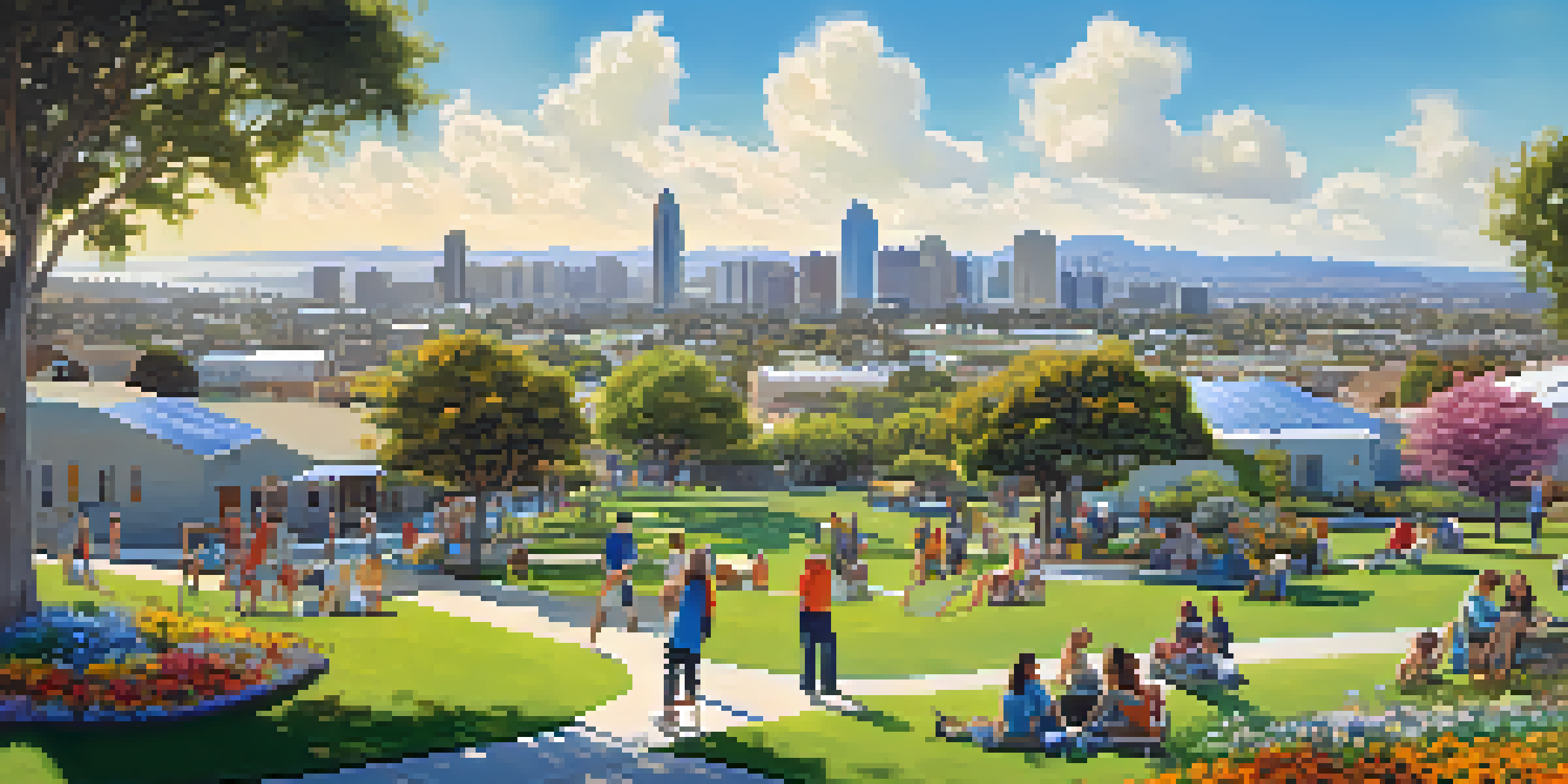 A panoramic view of San Diego with solar panels on rooftops, a community park in the foreground, and families enjoying a sunny day.