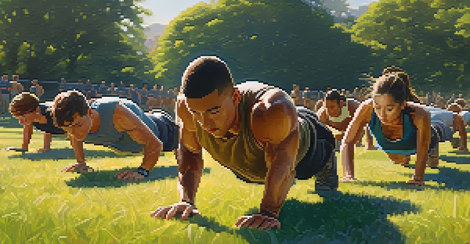 A focused group of people doing push-ups on grass during an outdoor boot camp, with sunlight illuminating their determined expressions.