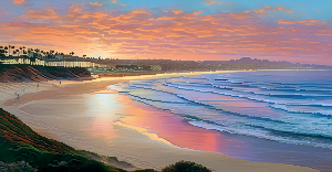 A sunset view of San Diego's coastline with a sandy beach and La Jolla cliffs, featuring vibrant colors in the sky.