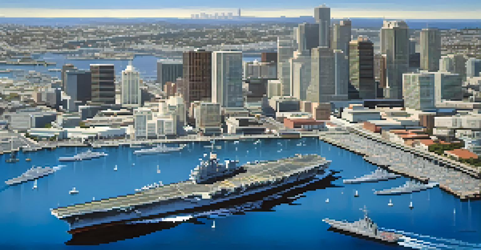 Aerial view of the USS Midway Museum with aircraft on the deck and the San Diego skyline in the background.