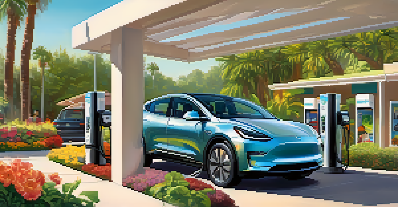 A modern electric vehicle charging station surrounded by greenery in San Diego, with a family unloading groceries.
