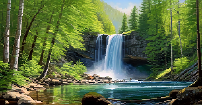 A panoramic view of Cedar Creek Falls with lush greenery and sunlight filtering through the trees, highlighting the waterfall.