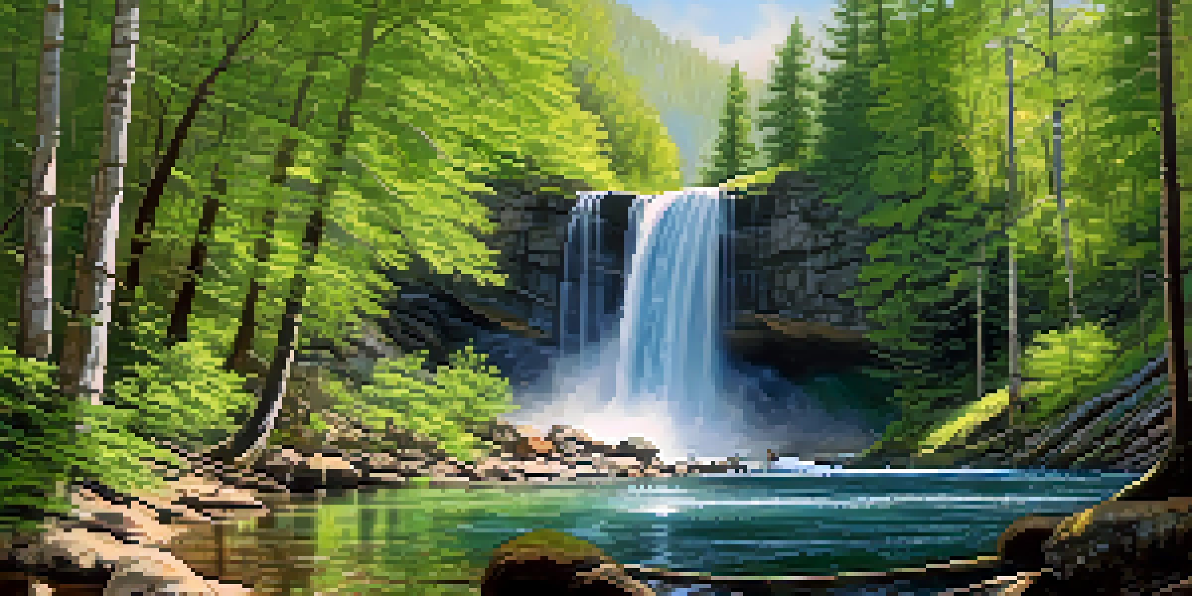 A panoramic view of Cedar Creek Falls with lush greenery and sunlight filtering through the trees, highlighting the waterfall.