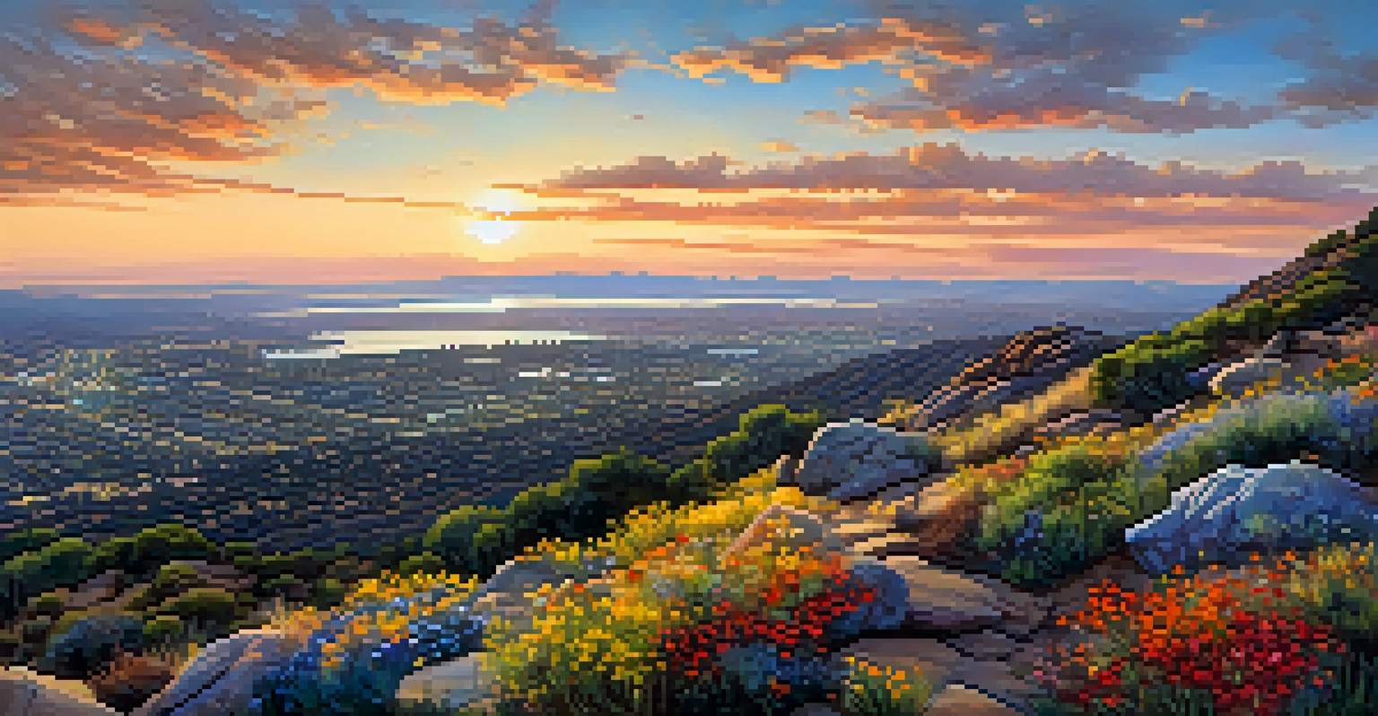 A panoramic view from Cowles Mountain showing the San Diego cityscape and colorful sunset sky.