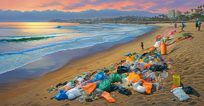 Volunteers of diverse backgrounds cleaning up trash on a San Diego beach during sunset, with a colorful sky and gentle waves.