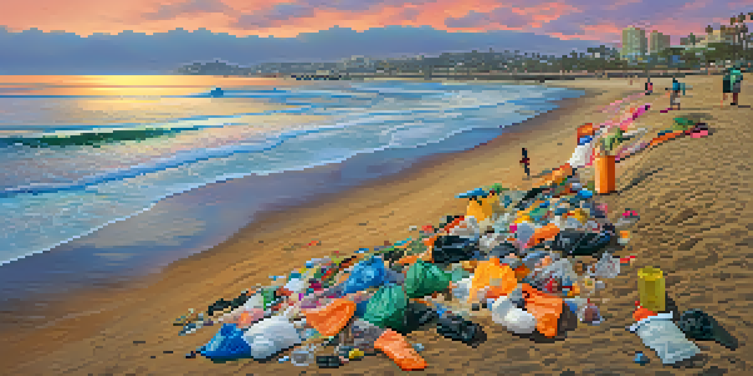 Volunteers of diverse backgrounds cleaning up trash on a San Diego beach during sunset, with a colorful sky and gentle waves.