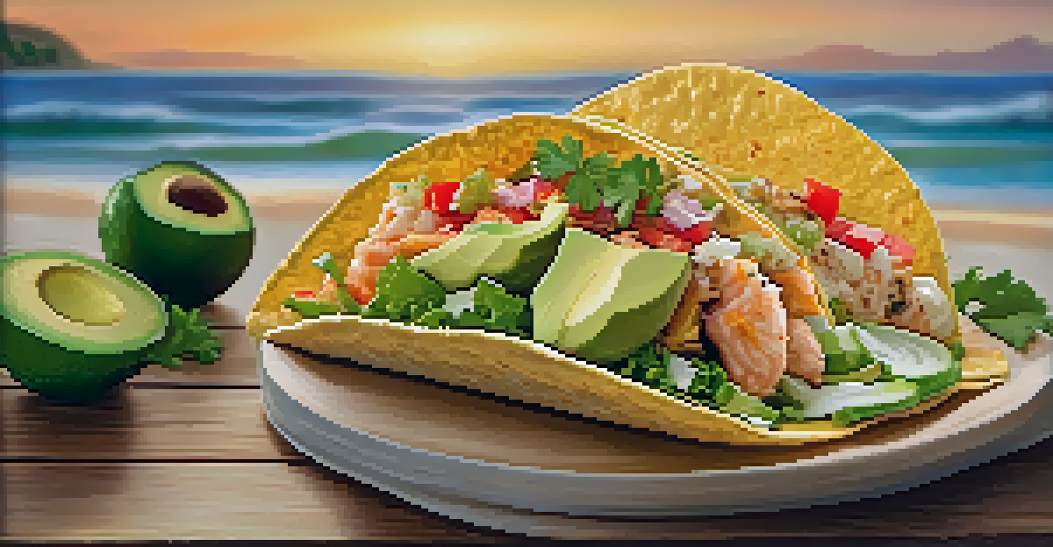 A close-up of a fish taco with fresh ingredients on a wooden table, with the beach and sunset in the background.