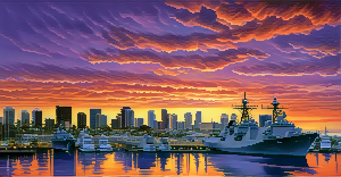 A sunset view of San Diego's naval bases with ships in the harbor, colorful sky, and city skyline.