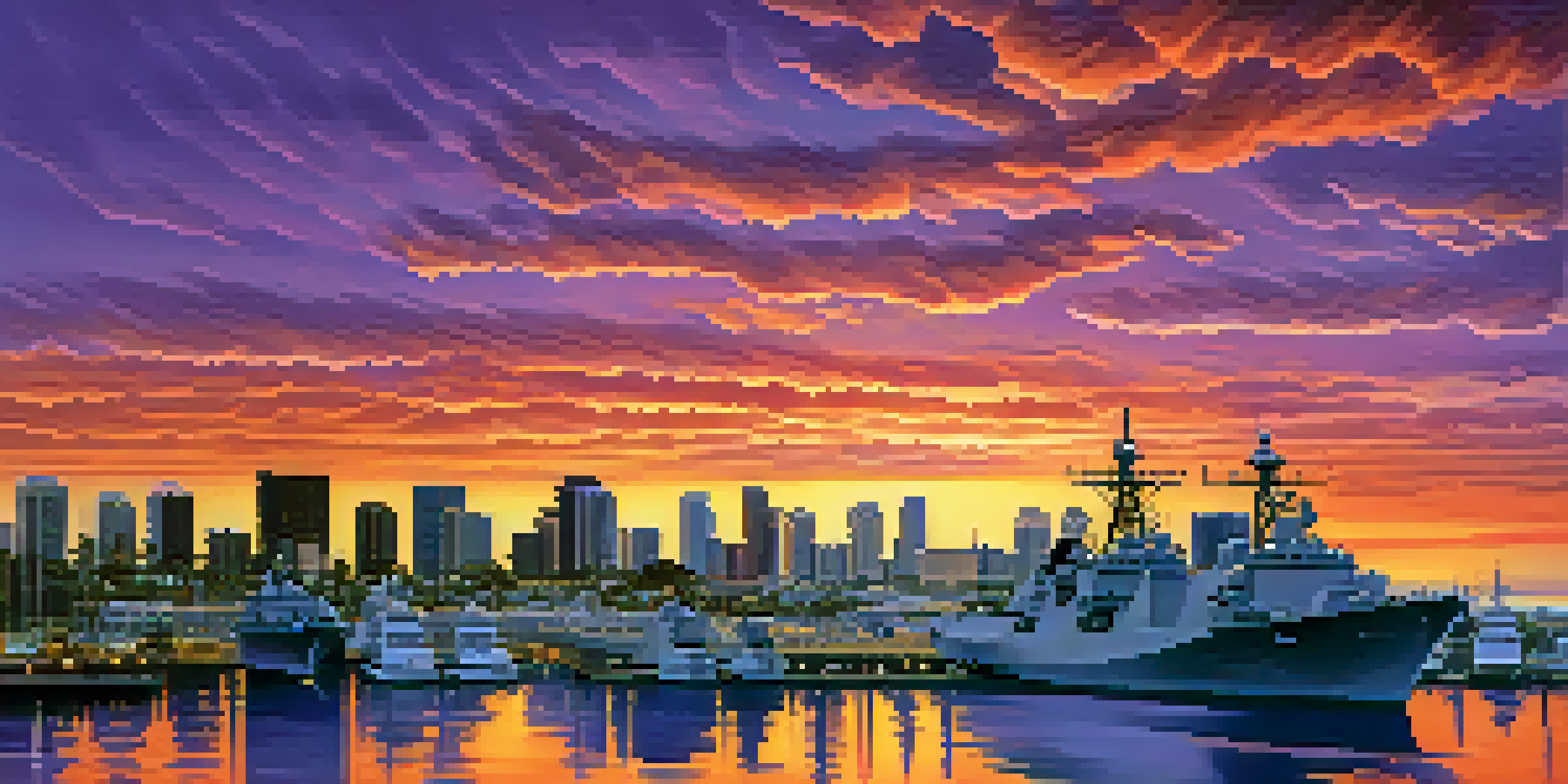 A sunset view of San Diego's naval bases with ships in the harbor, colorful sky, and city skyline.