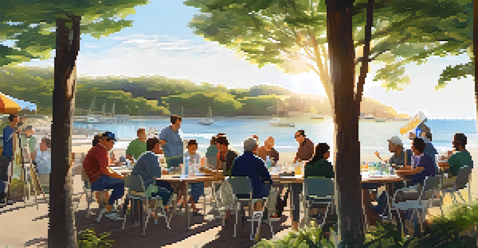 A community workshop gathering in a coastal park, residents engaged in discussions about coastal management.