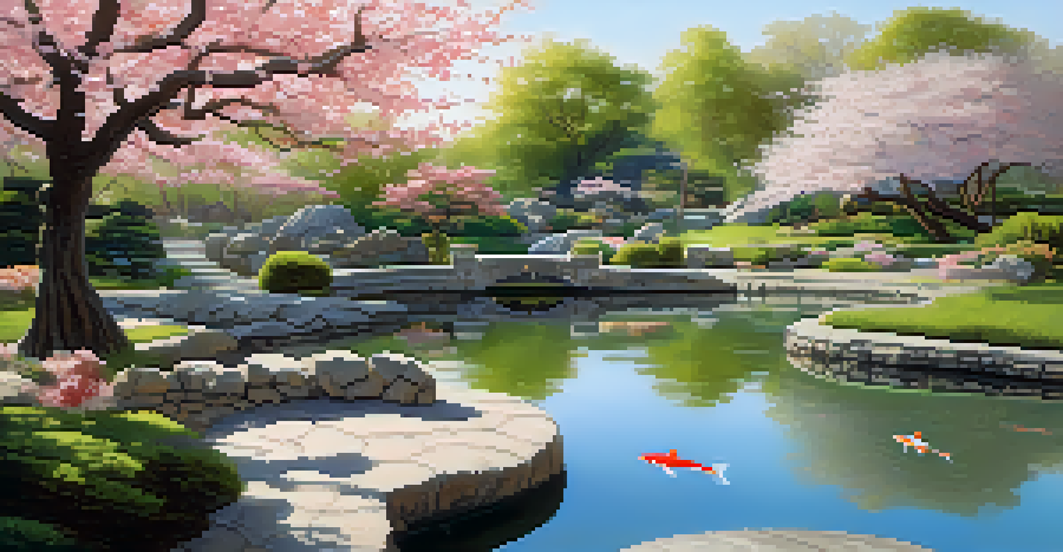 A tranquil koi pond surrounded by cherry blossom trees and a stone pathway in the Japanese Friendship Garden.
