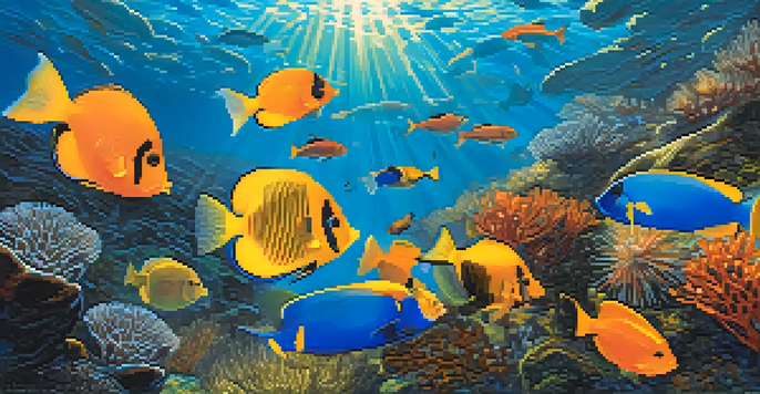 An underwater scene with a school of colorful fish swimming through a lush kelp forest, illuminated by sunlight.