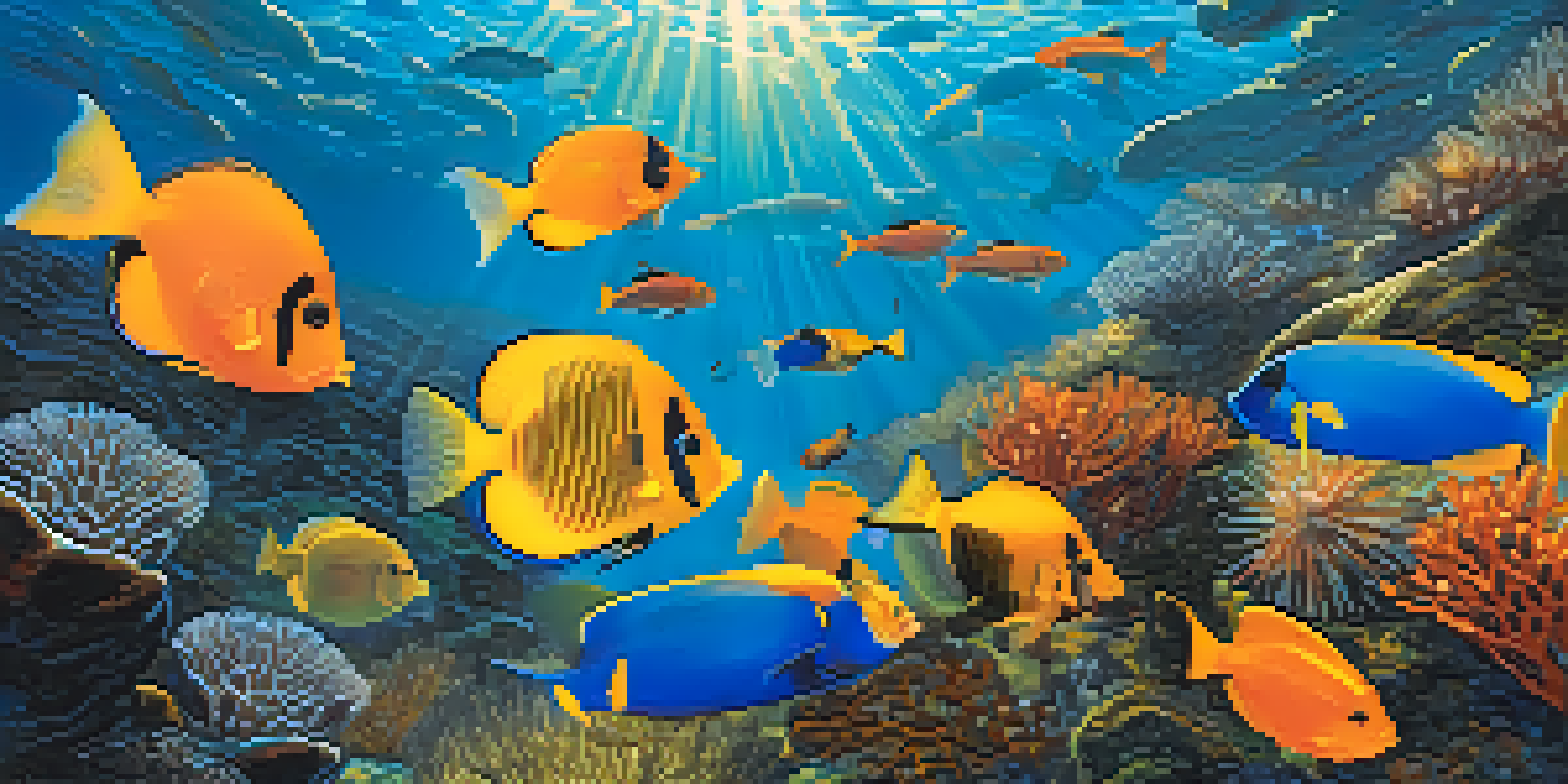 An underwater scene with a school of colorful fish swimming through a lush kelp forest, illuminated by sunlight.