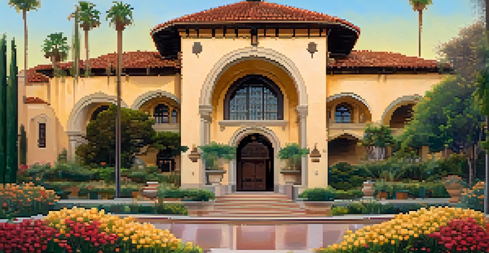 The Old Globe Theatre's Spanish Colonial architecture with blooming flowers in front during sunset.