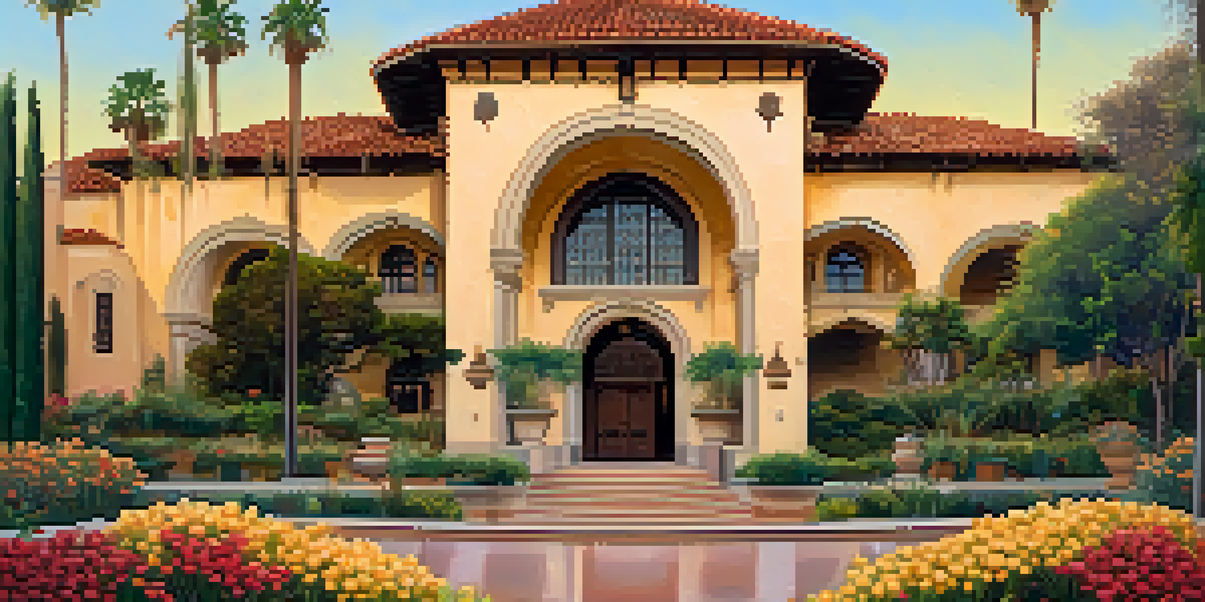 The Old Globe Theatre's Spanish Colonial architecture with blooming flowers in front during sunset.