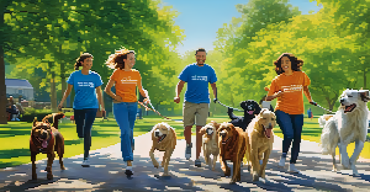 A volunteer walking multiple dogs in a park, enjoying the sunny day with greenery in the background.