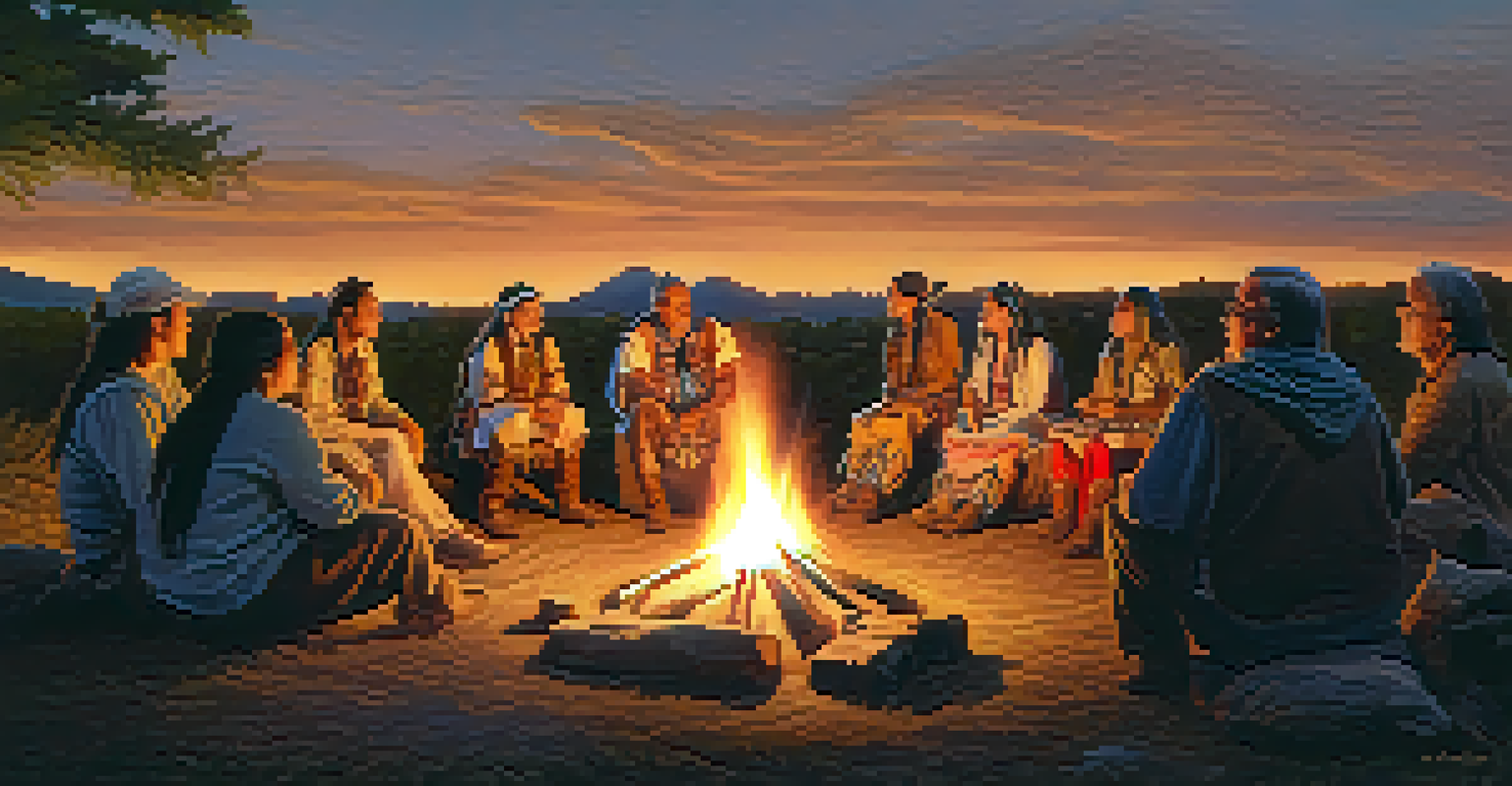 A storytelling circle around a campfire at a Pow Wow, with an elder sharing stories and listeners engaged in the warm glow of the fire.
