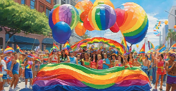 A lively San Diego Pride Parade with colorful floats and participants in festive costumes, under a bright blue sky.