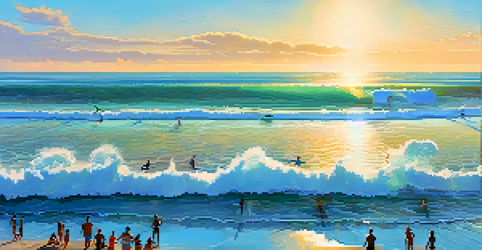 Aerial view of Encinitas beach with surfers catching waves and sunbathers enjoying the sun.