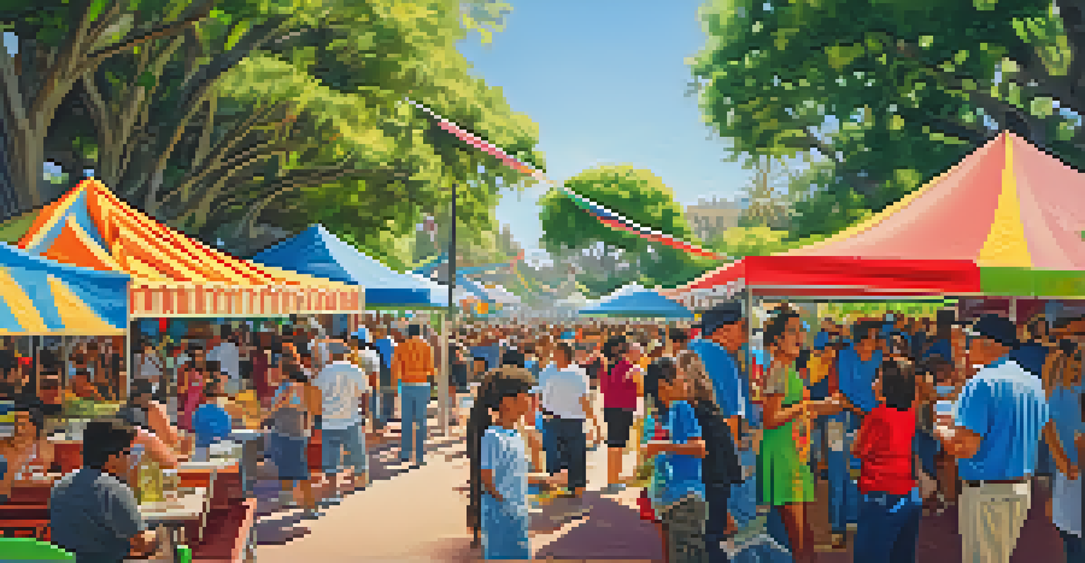 A vibrant cultural festival in Chicano Park with diverse people enjoying music and dance performances amidst colorful booths and greenery.