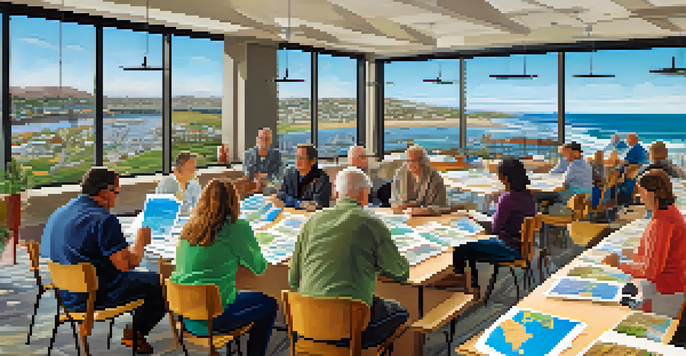 A community workshop with residents discussing coastal planning in San Diego, surrounded by colorful posters and maps.