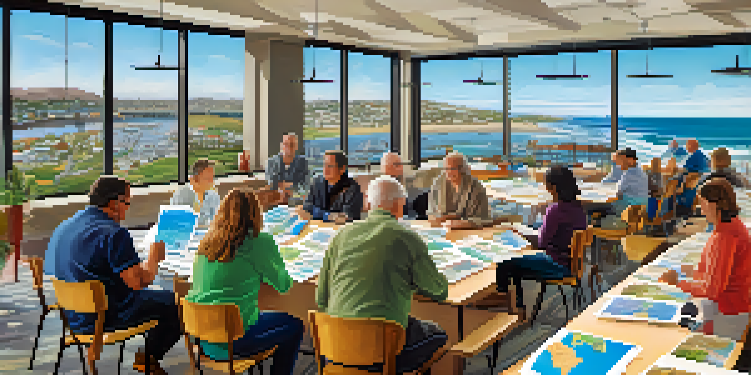 A community workshop with residents discussing coastal planning in San Diego, surrounded by colorful posters and maps.