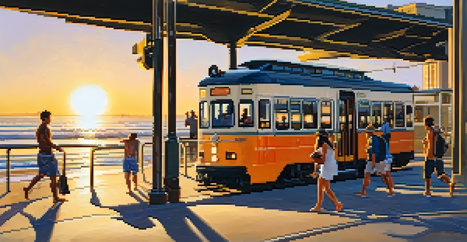 The San Diego Trolley station at Mission Beach during sunset with a trolley arriving and beachgoers in the foreground.