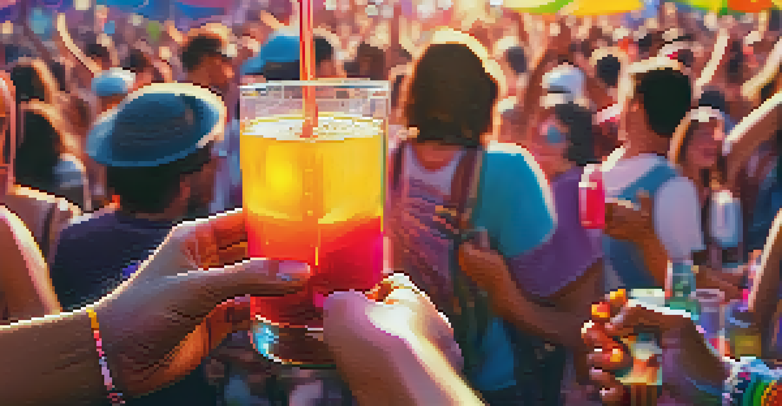 A close-up of hands holding a colorful drink at an outdoor music festival with friends and performers in the background.