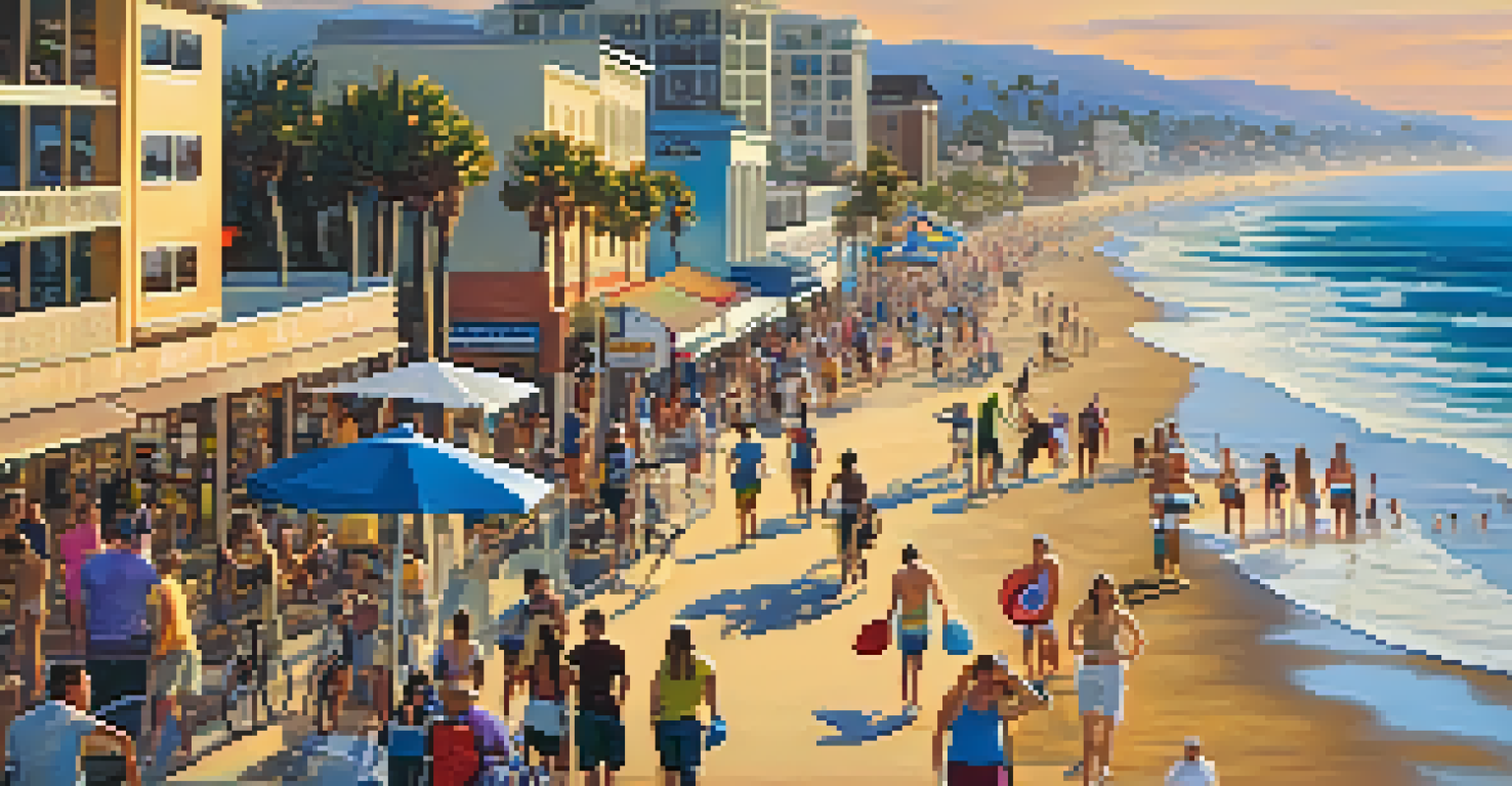 A lively Pacific Beach Boardwalk filled with cyclists and beachgoers, with surfers in the ocean and vibrant sunset colors.