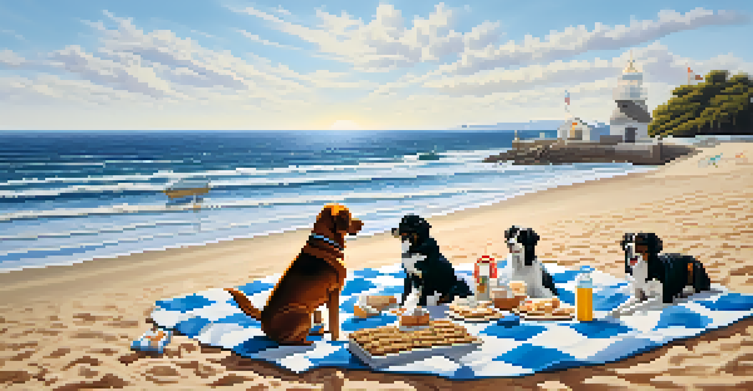 A picnic setup on the beach with a blanket, dog treats, and dogs playing around, with the ocean in the background.