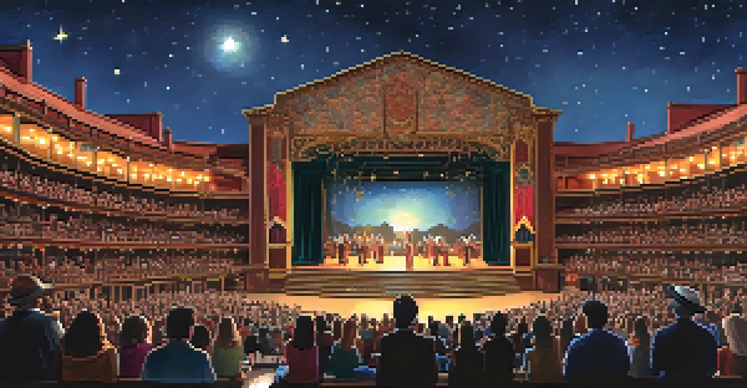 The open-air Lowell Davies Festival Theatre with a Shakespearean play set and an audience under a starry sky.
