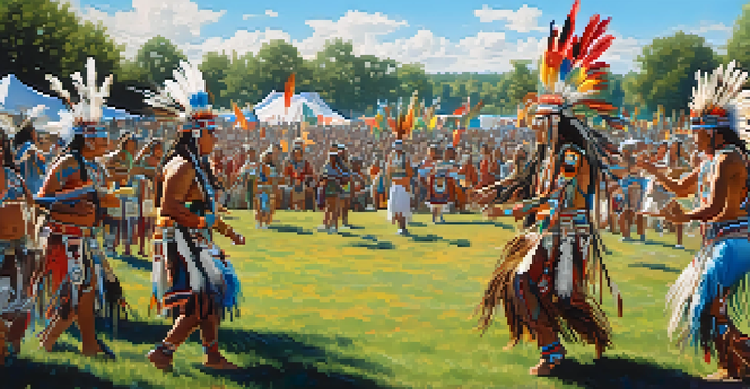 A lively Pow Wow with dancers in colorful regalia, surrounded by an engaged audience, set against a sunny landscape.