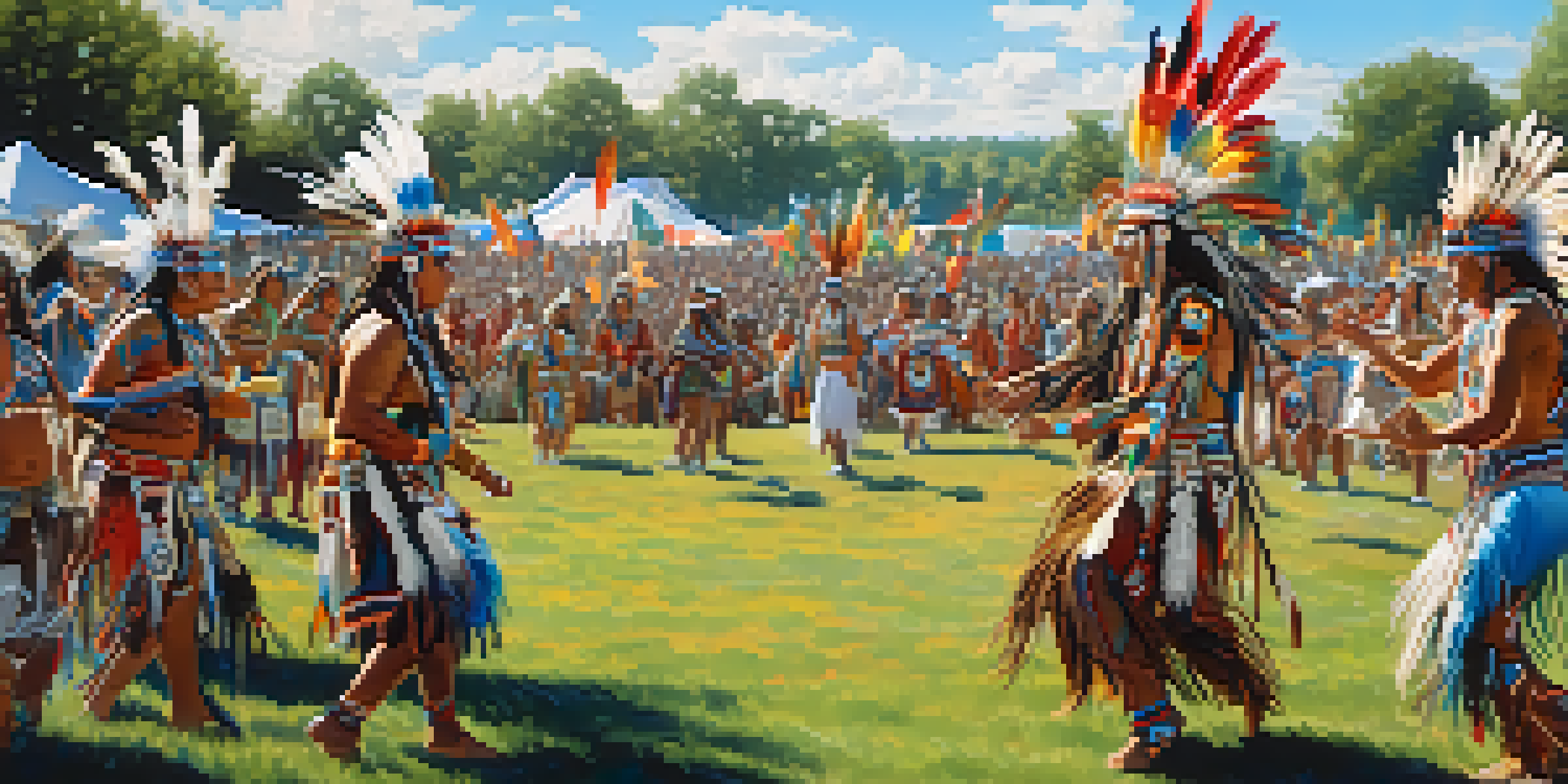 A lively Pow Wow with dancers in colorful regalia, surrounded by an engaged audience, set against a sunny landscape.