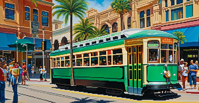 A sunny downtown street in San Diego featuring a colorful trolley, palm trees, and people waiting at the station.
