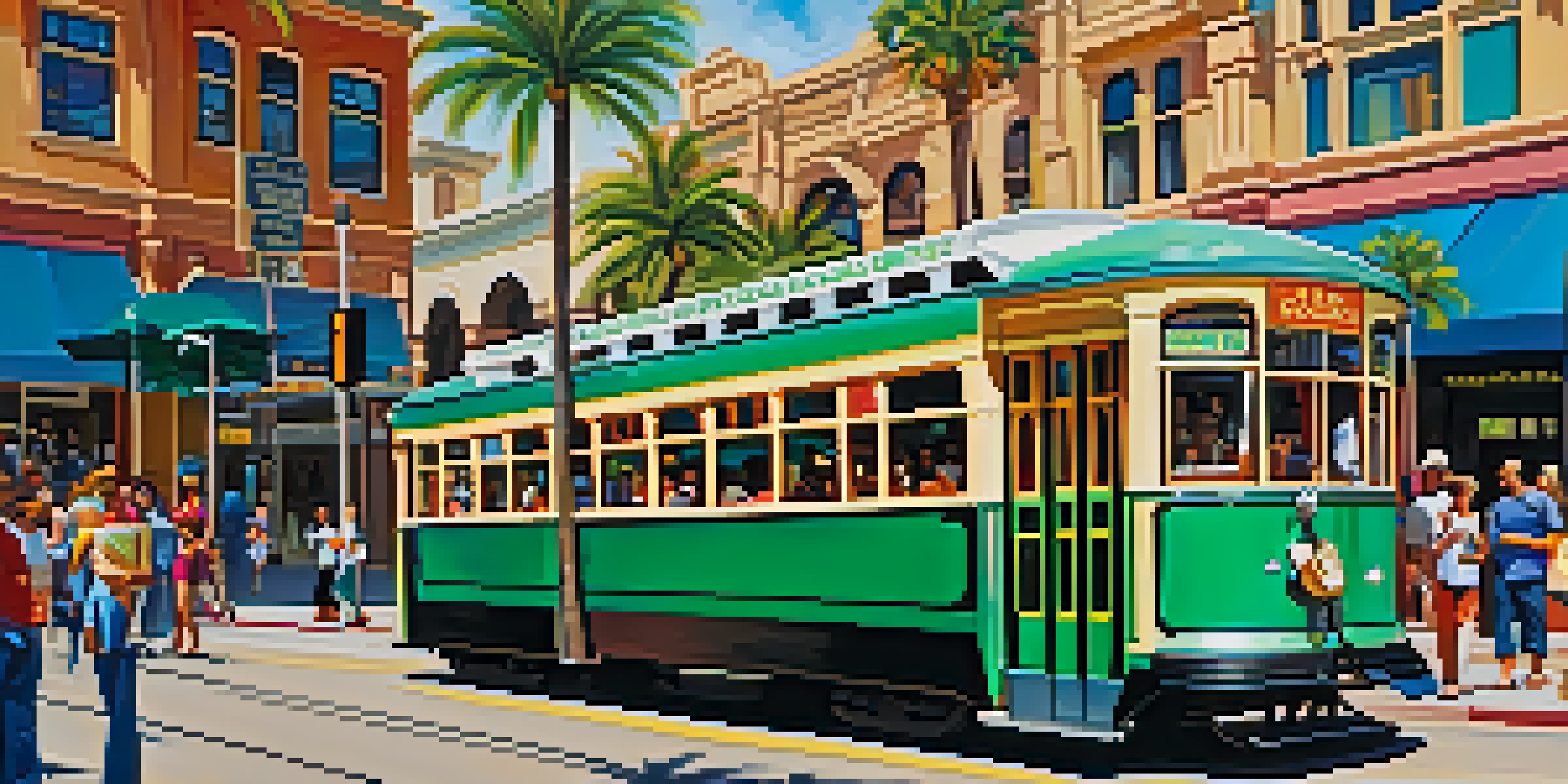 A sunny downtown street in San Diego featuring a colorful trolley, palm trees, and people waiting at the station.