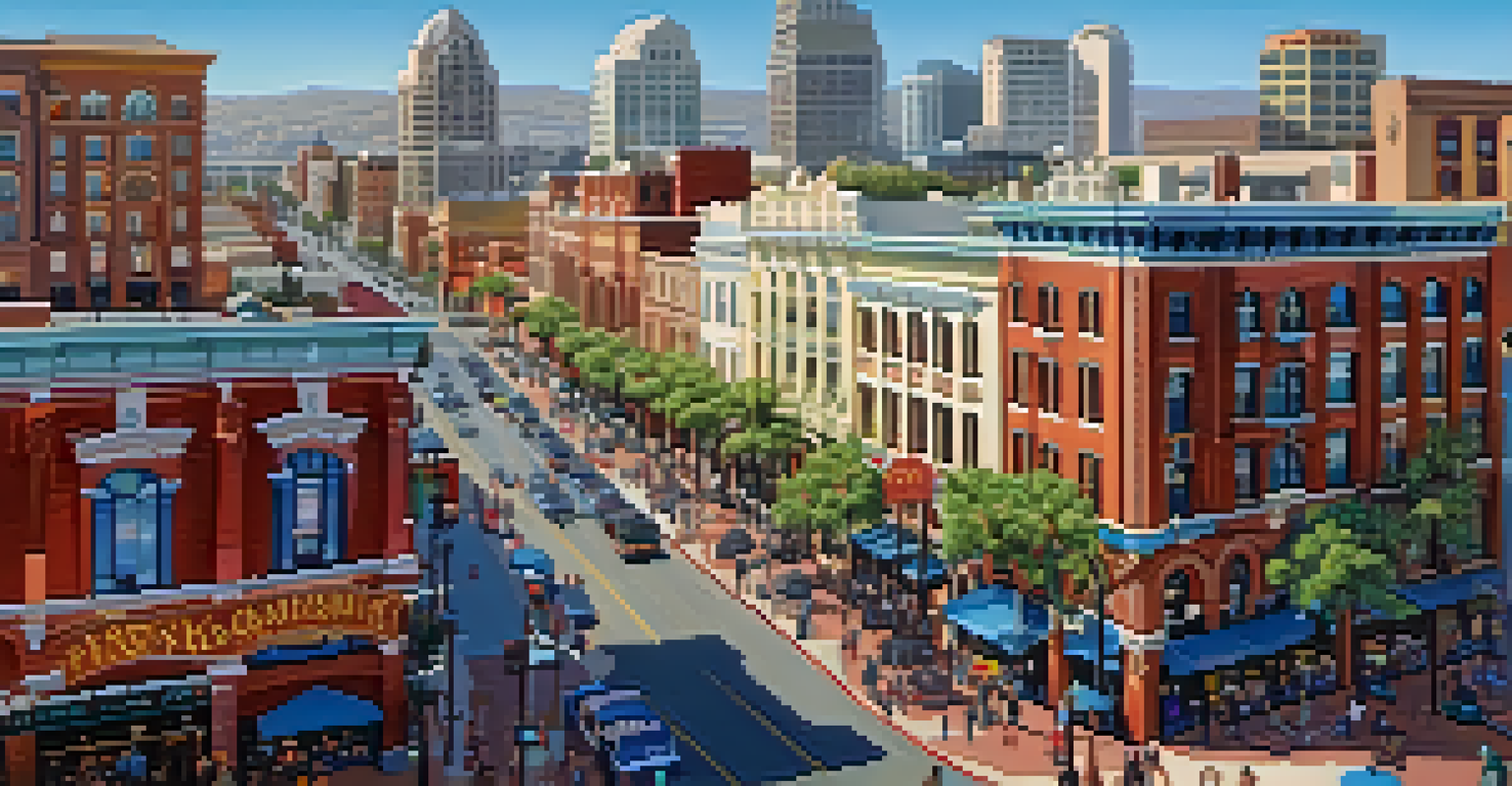 Aerial view of the Gaslamp Quarter, featuring historic buildings and lively street activity.