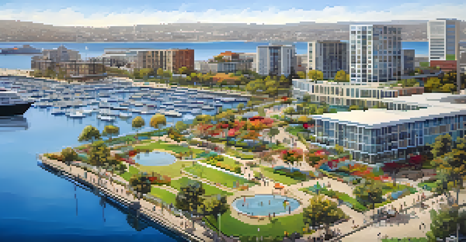 Aerial view of San Diego waterfront with parks, families, and modern buildings, showcasing urban development.