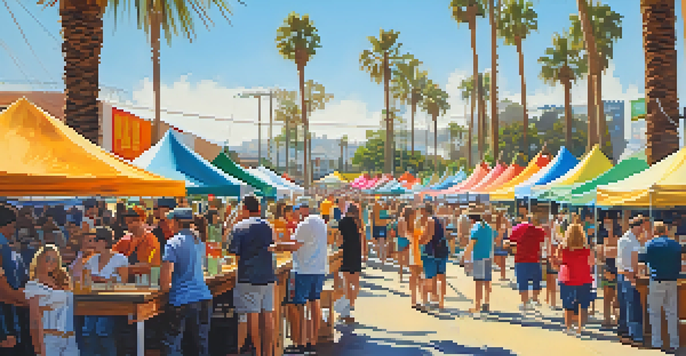 An outdoor craft beer festival in San Diego with people enjoying beers and food under sunny skies.